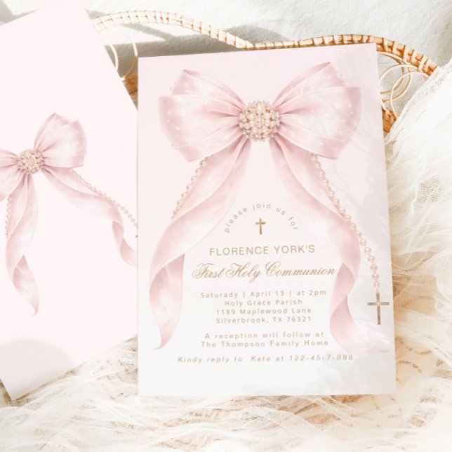Invitación Gold Blush Pink Bow First Holly Communion (Subido por el creador)