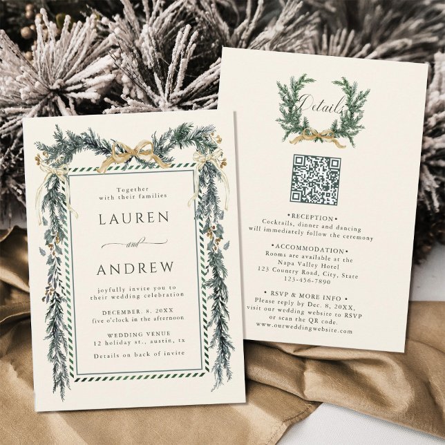Invitación Gold Bow & Green Garland Wedding All in One Ivory (Front & Back)