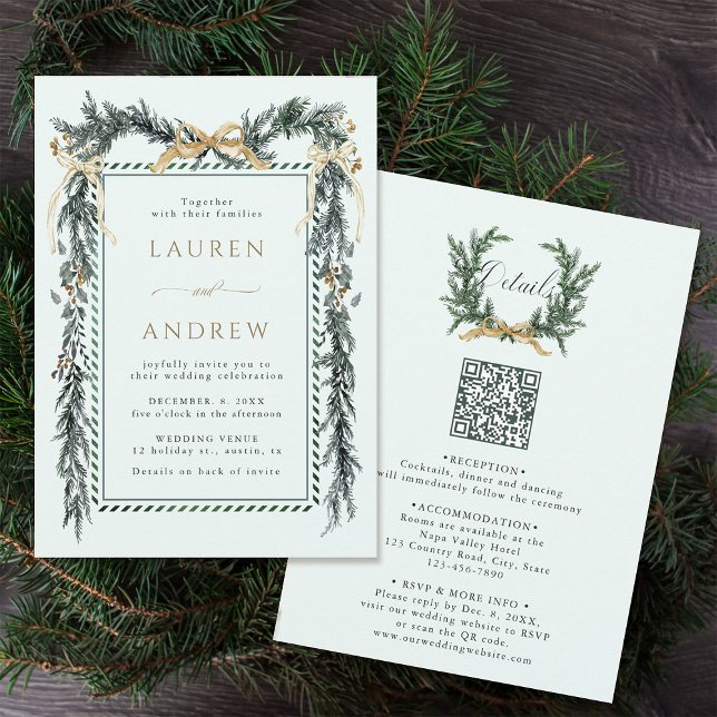 Invitación Gold Bow & Green Garland Wedding All in One Mint (Front & Back)