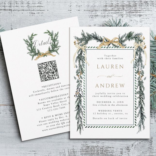 Invitación Gold Bow & Greenery Garland Wedding All in One (Front & Back)