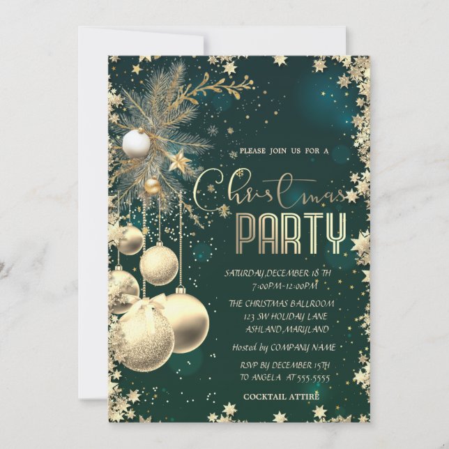 Invitación Gold Branches Balls Stars Green Company Christmas  (Anverso)