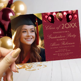 Invitación Gold Burgundy Balloons Graduation Party Photo