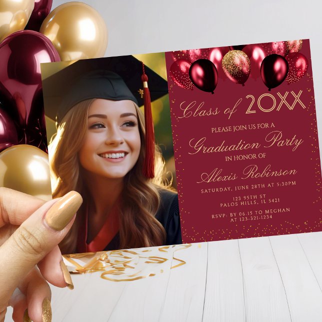 Invitación Gold Burgundy Balloons Graduation Party Photo (Subido por el creador)