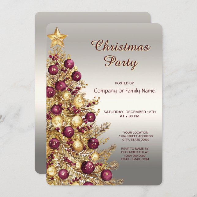 Invitación Gold Burgundy Christmas Tree Holiday Party (Anverso / Reverso)