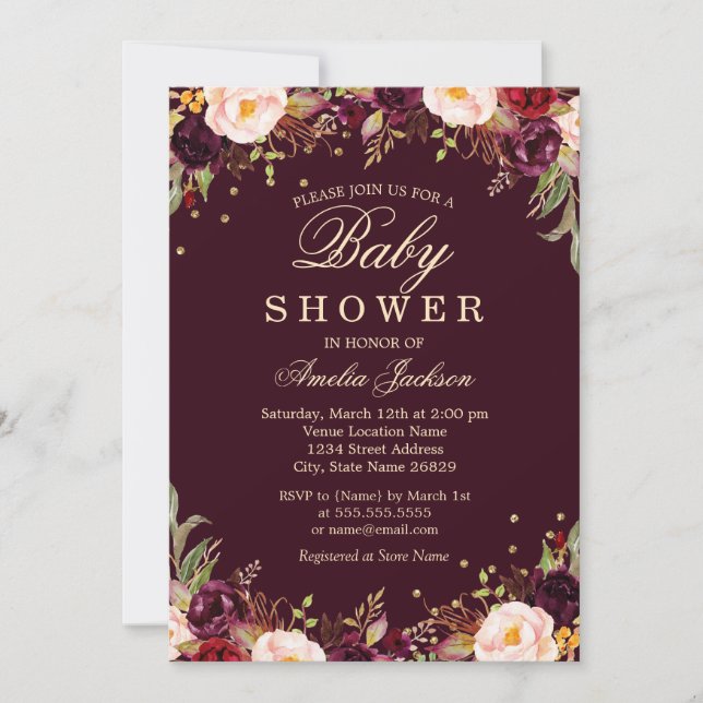 Invitación Gold Burgundy Elegant Floral Baby Shower (Anverso)