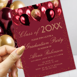 Invitación Gold Burgundy Glitter Balloons Graduation Party