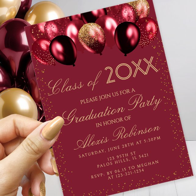 Invitación Gold Burgundy Glitter Balloons Graduation Party (Subido por el creador)