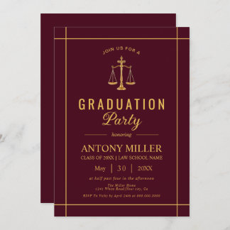 Invitación Gold burgundy Law school graduation Class Of 2026 