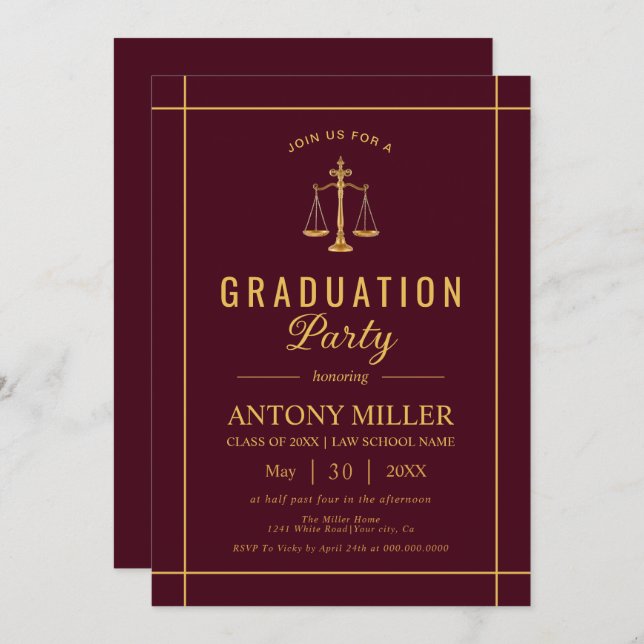 Invitación Gold burgundy Law school graduation Class Of 2026  (Anverso / Reverso)