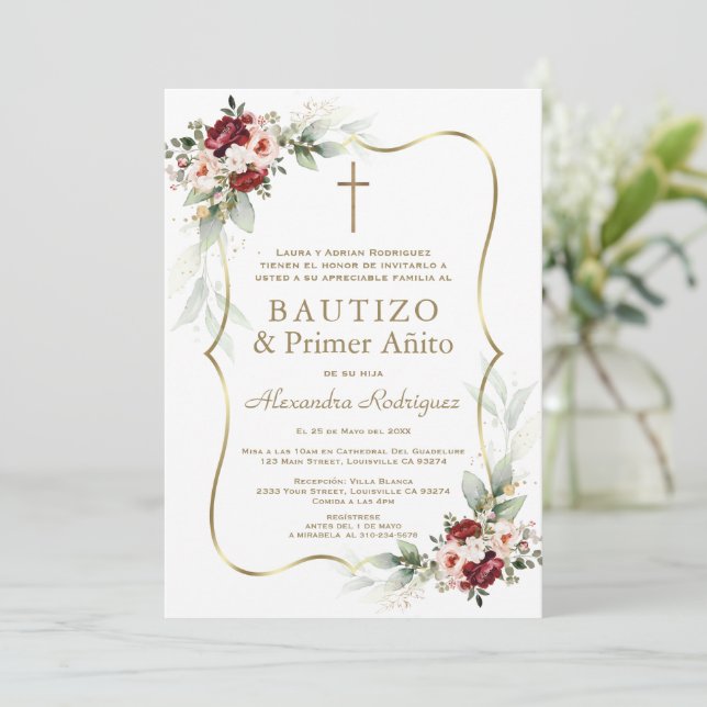 Invitación Gold Burgundy Peach Flowers 1st Birthday Baptism  (Anverso de pie)