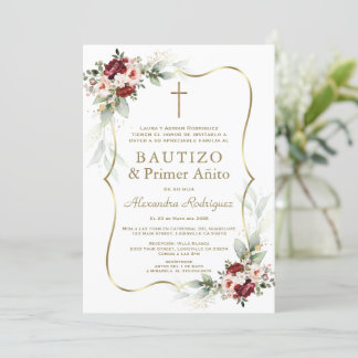 Invitación Gold Burgundy Peach Flowers 1st Birthday Baptism 
