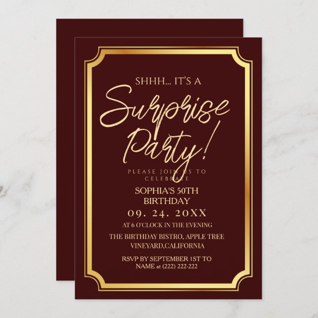 Invitación Gold & Burgundy Surprise 50th Birthday Party (Anverso / Reverso)