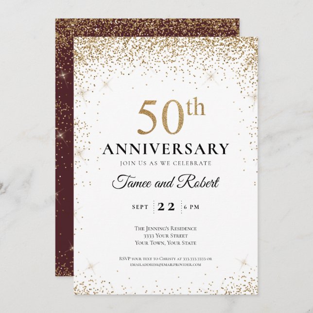 Invitación Gold Burgundy White 50th Wedding Anniversary  (Anverso / Reverso)