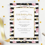 Invitación Gold Butterflies Floral Stripe Pattern Birthday<br><div class="desc">Celebrate in style this beautiful party invitation featuring your event details surrounded by a printed faux gold border - all set against a black and white stripe background accented with gold butterflies, roses and daisies. Perfect for any age birthday, baby or bridal shower, retirement, anniversary and so much more. Wonderful...</div>