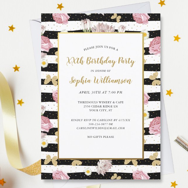 Invitación Gold Butterflies Floral Stripe Pattern Birthday (Subido por el creador)