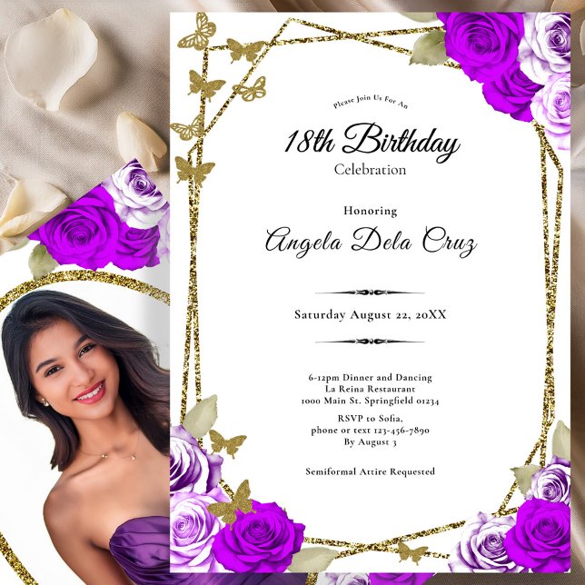 Invitación Gold Butterflies Purple Roses 18th Debut Birthday (Subido por el creador)
