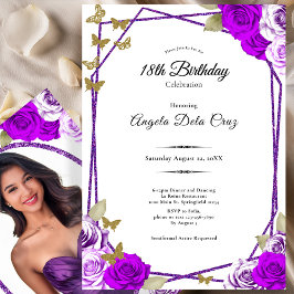 Invitación Gold Butterflies Purple Roses 18th Debut Birthday