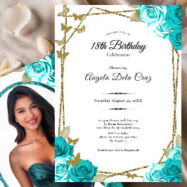 Invitación Gold Butterflies Teal Roses 18th Debut Birthday