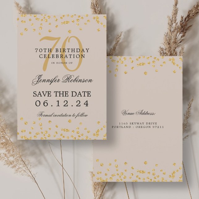 Invitación Gold Champagne 70 cumpleaños Save Date Confetti (Gold Champagne 70th Birthday Save Date Confetti Invitation)