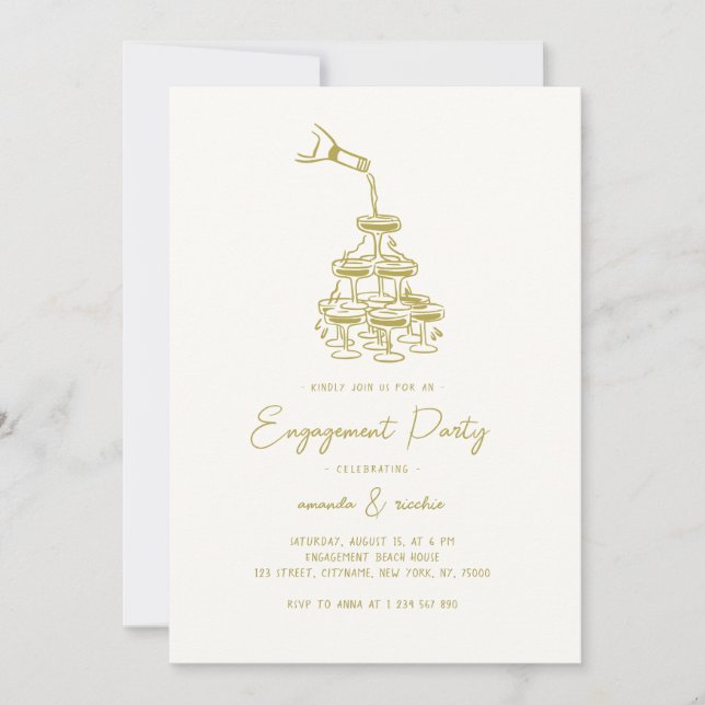 Invitación Gold Champagne Tower Bubbly Tower Engagement Party (Anverso)