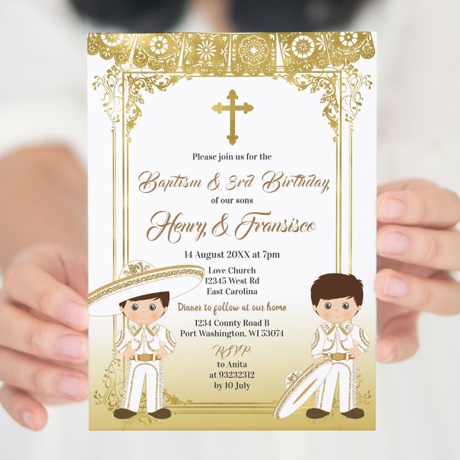 Invitación Gold Charro Baptismo gemelo Mexicano y Tercer Cump (Subido por el creador)