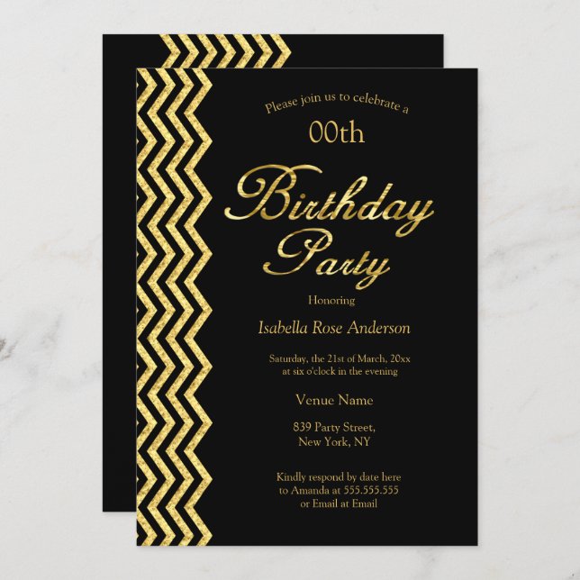 Invitación Gold Chevron stripe Black Gold Elegant Cumpleaños (Anverso / Reverso)