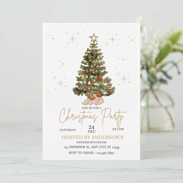 Invitación   gold christmas tree party invite  (Anverso de pie)