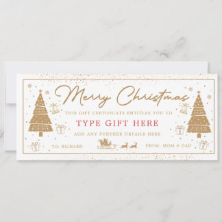 Invitación Gold Christmas Tree Present Gift Voucher Card