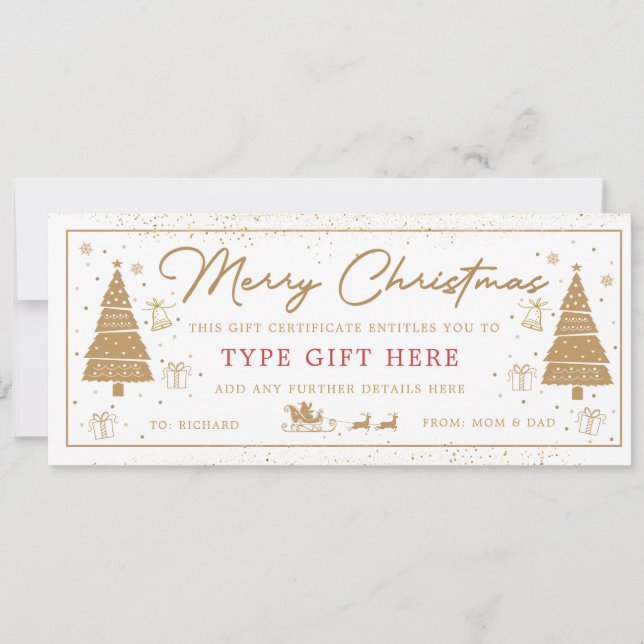 Invitación Gold Christmas Tree Present Gift Voucher Card (Anverso)