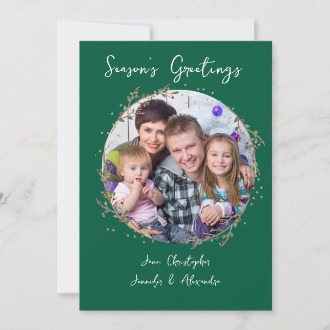Invitación Gold Circle & Green Family Photo Christmas Card (Anverso)