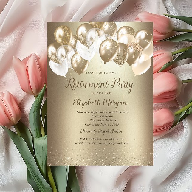 Invitación Gold Confetti Balloons Gold Metallic Retirement  (Subido por el creador)