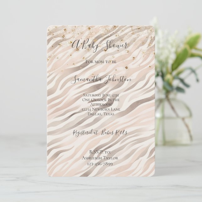 Invitación Gold Confetti Blush Pink Zebra Baby Shower (Anverso de pie)
