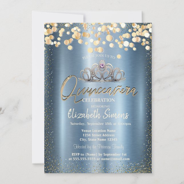 Invitación Gold Confetti Dots,Tiara Blue Metallic Quinceañera (Anverso)
