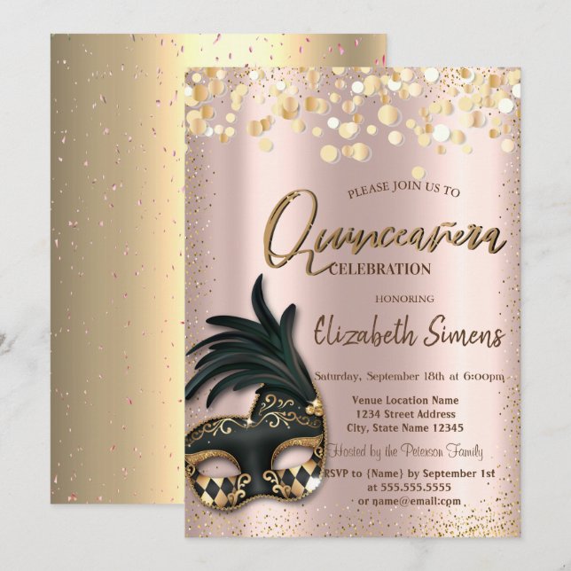 Invitación Gold Confetti Masque Rosa Oro Quinceañera (Anverso / Reverso)