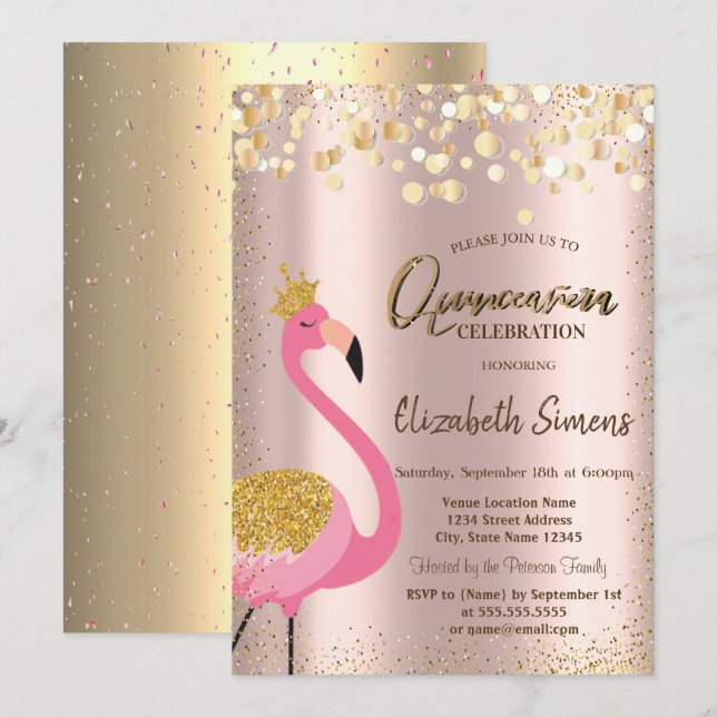Invitación Gold Confetti Rosa Flamingo Rosa Quinceañera (Anverso / Reverso)