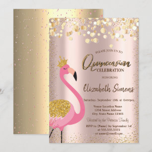 Invitación Gold Confetti Rosa Flamingo Rosa Quinceañera