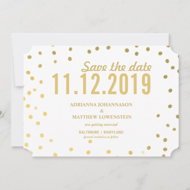 Invitación Gold Confetti Simple Moderno Ahorra La Fecha (Anverso)