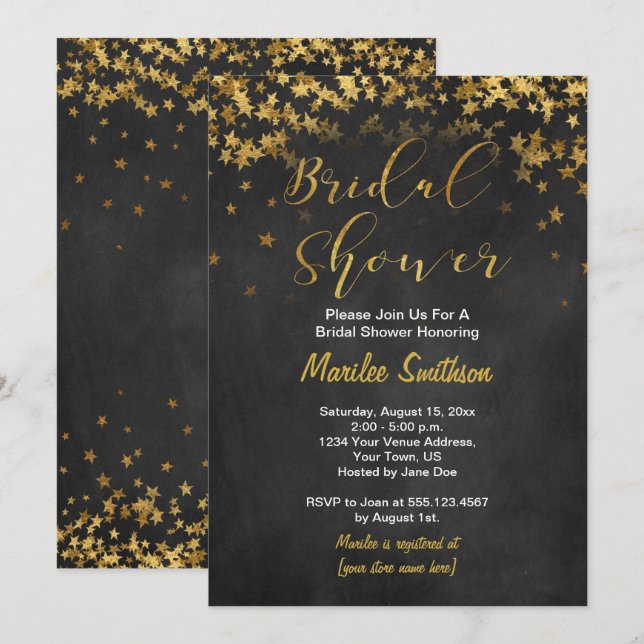 Invitación Gold Confetti Stars Chalk Board Bridal Shower (Anverso / Reverso)