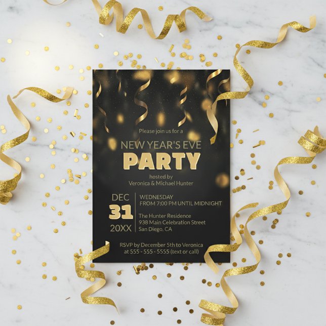 Invitación Gold Confetti Streamers Black New Year's Eve Party (Subido por el creador)