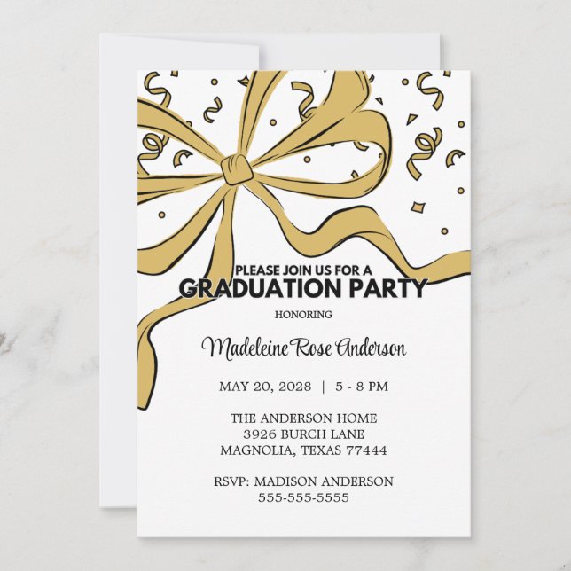 Invitación Gold Coquette Bow Girl Photo Graduation (Anverso)