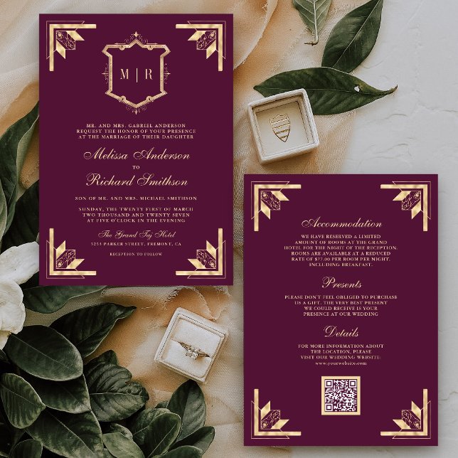 Invitación Gold Crest Monogram QR Code Plum Purple Wedding (Subido por el creador)