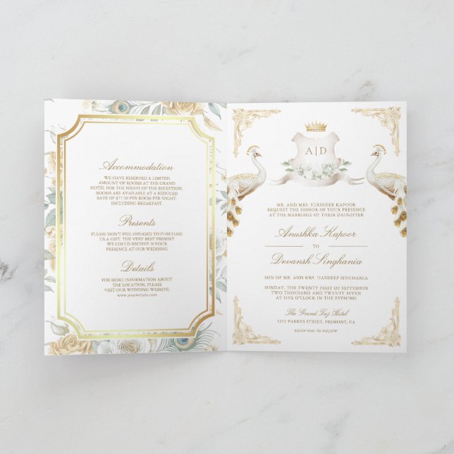 Invitación Gold Crest Royal Indian White Peacock Wedding (Interior)