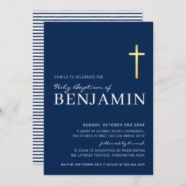 Invitación GOLD CROSS bautismo sagrado moderno mínimo azul ma