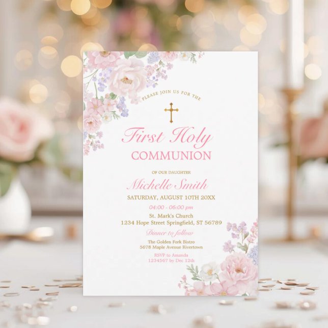 Invitación Gold Cross Girl’s Communion Elegant Watercolor  (Subido por el creador)