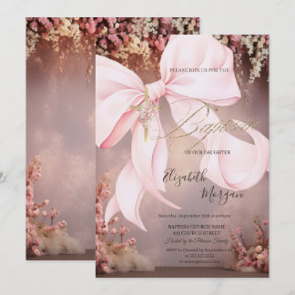 Invitación  Gold Cross Pink Bow Floral Baptism 