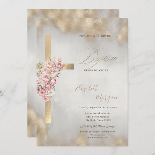 Invitación  Gold Cross Pink Flowers Baptism Glitter Gold (Anverso / Reverso)