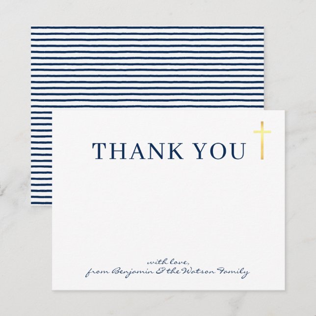 Invitación GOLD CROSS santo bautismo moderno azul marino grac (Anverso / Reverso)