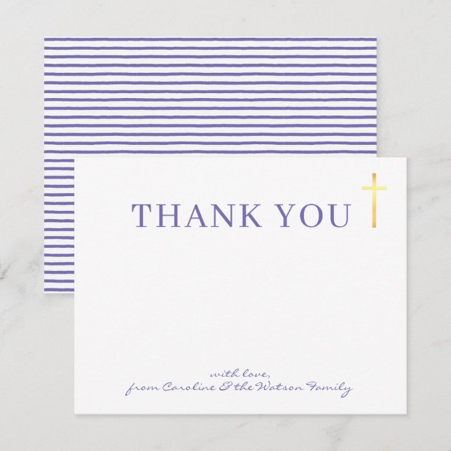 Invitación GOLD CROSS santo bautismo moderno púrpura gracias (Anverso / Reverso)