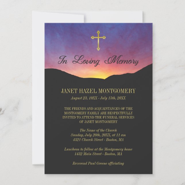 Invitación Gold Cross & Sunrise - Servicio de funerales (Anverso)