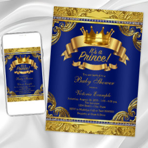 Invitación Gold Crown Royal Blue Fancy Prince Baby Shower